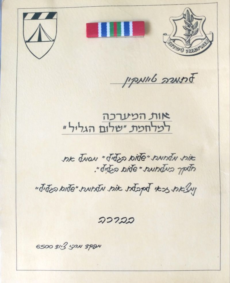 Peace For Galilee" ribbon - award document