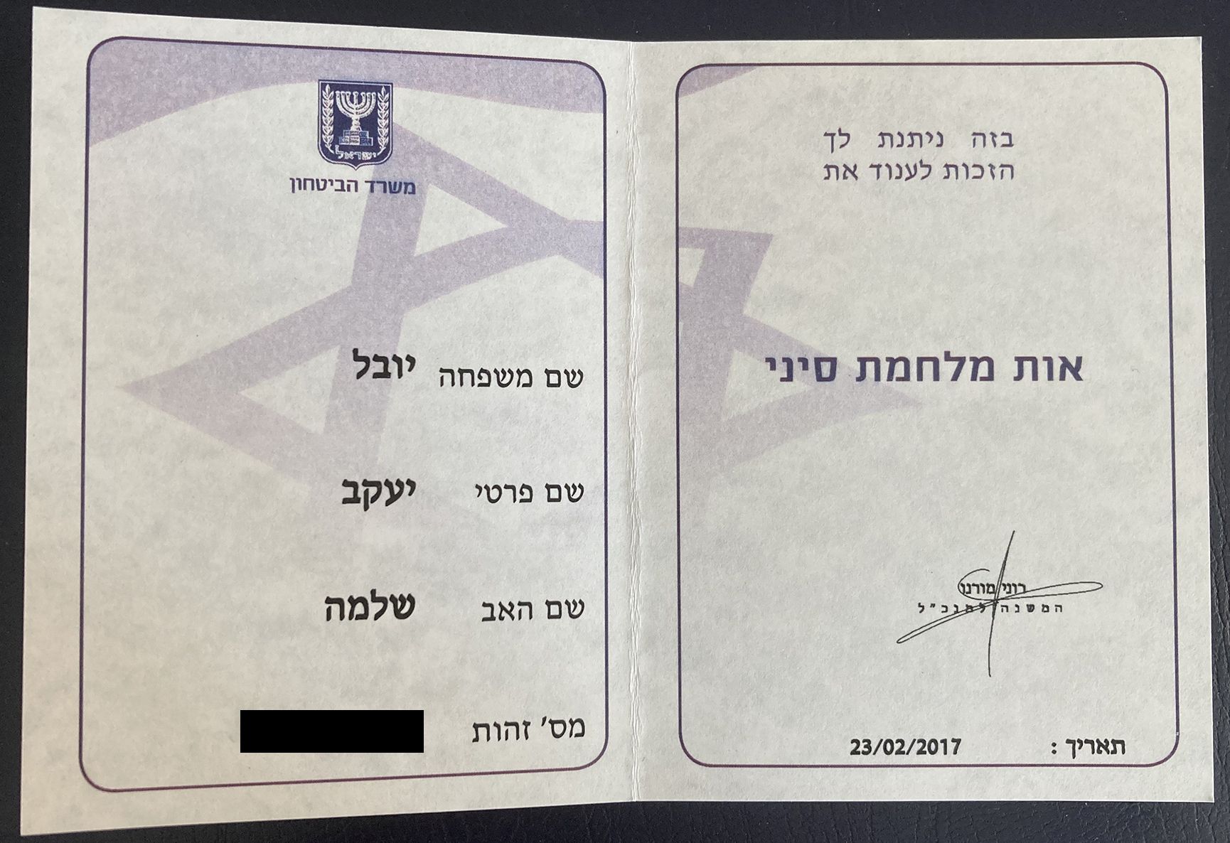 Sinai campaign ribbon document inside